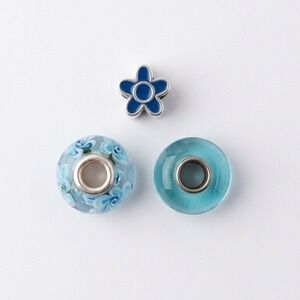 Blue Glass Floral Lampwork Enamel Flower Charm Bead Set 3pc‎ European Style